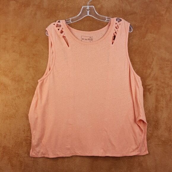 FREE PEOPLE Womens Top Medium Orange Cut Out Linen Blend Oversized Side Slit - Picture 3 of 10